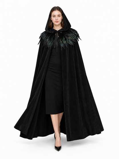 Black Velvet Hooded Cape with Feathers