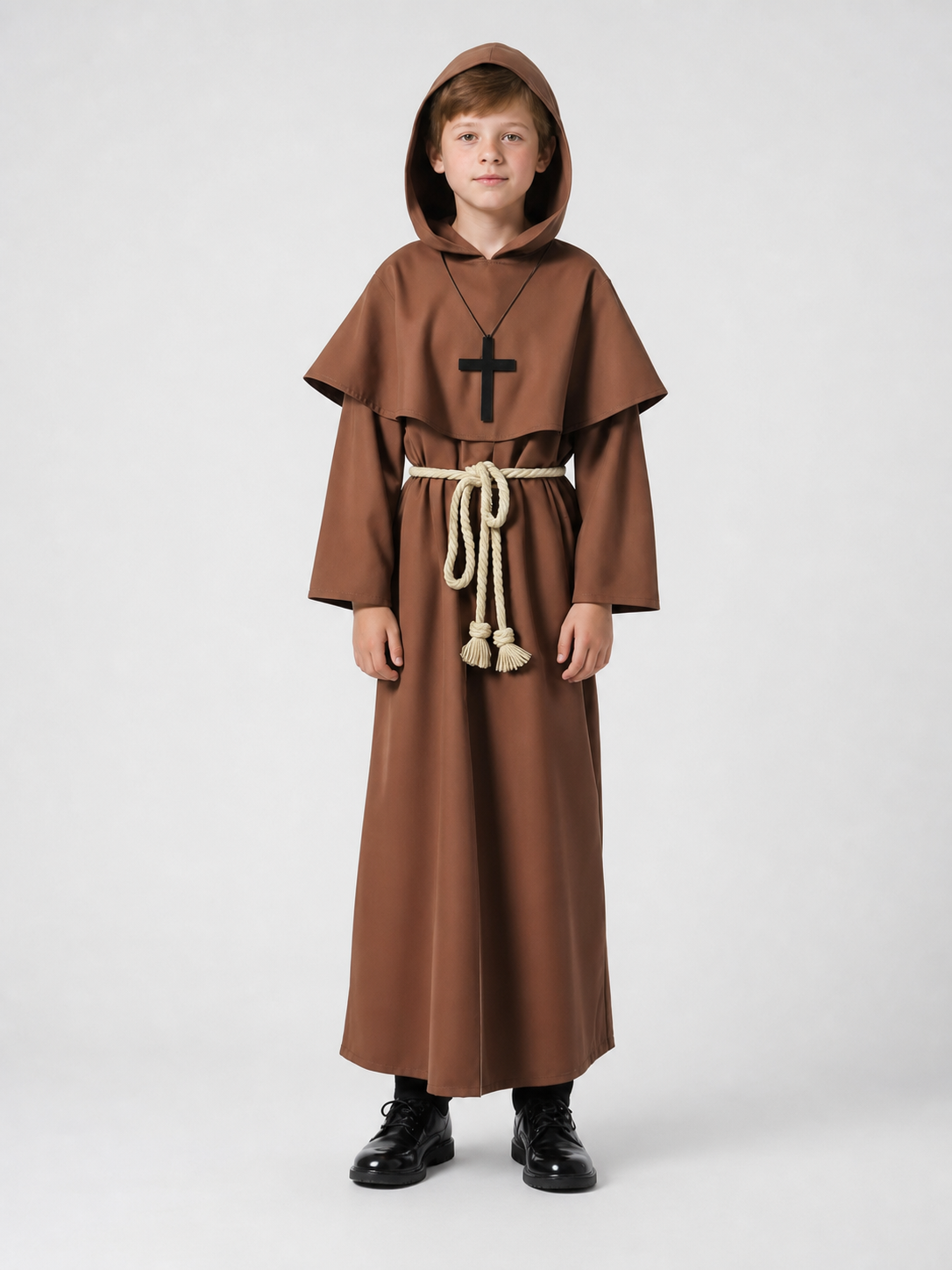 Brown hooded costume with cross