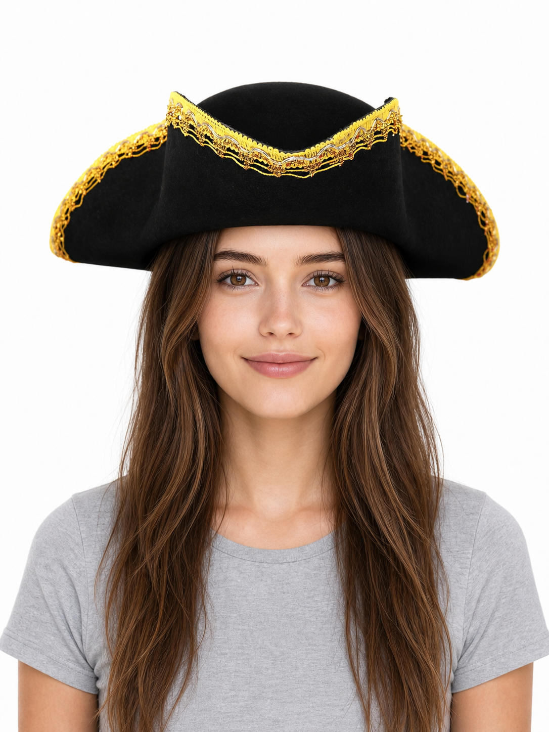 1pc Theatrical Pirate Tricorn Hat, Black Three-Cornered Style with Ornate Gold Trim and Wide Curved Brim for Costume Parties and Themed Events