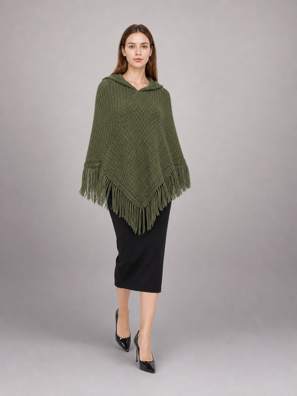 Triangular Hooded Poncho Cape with Belt