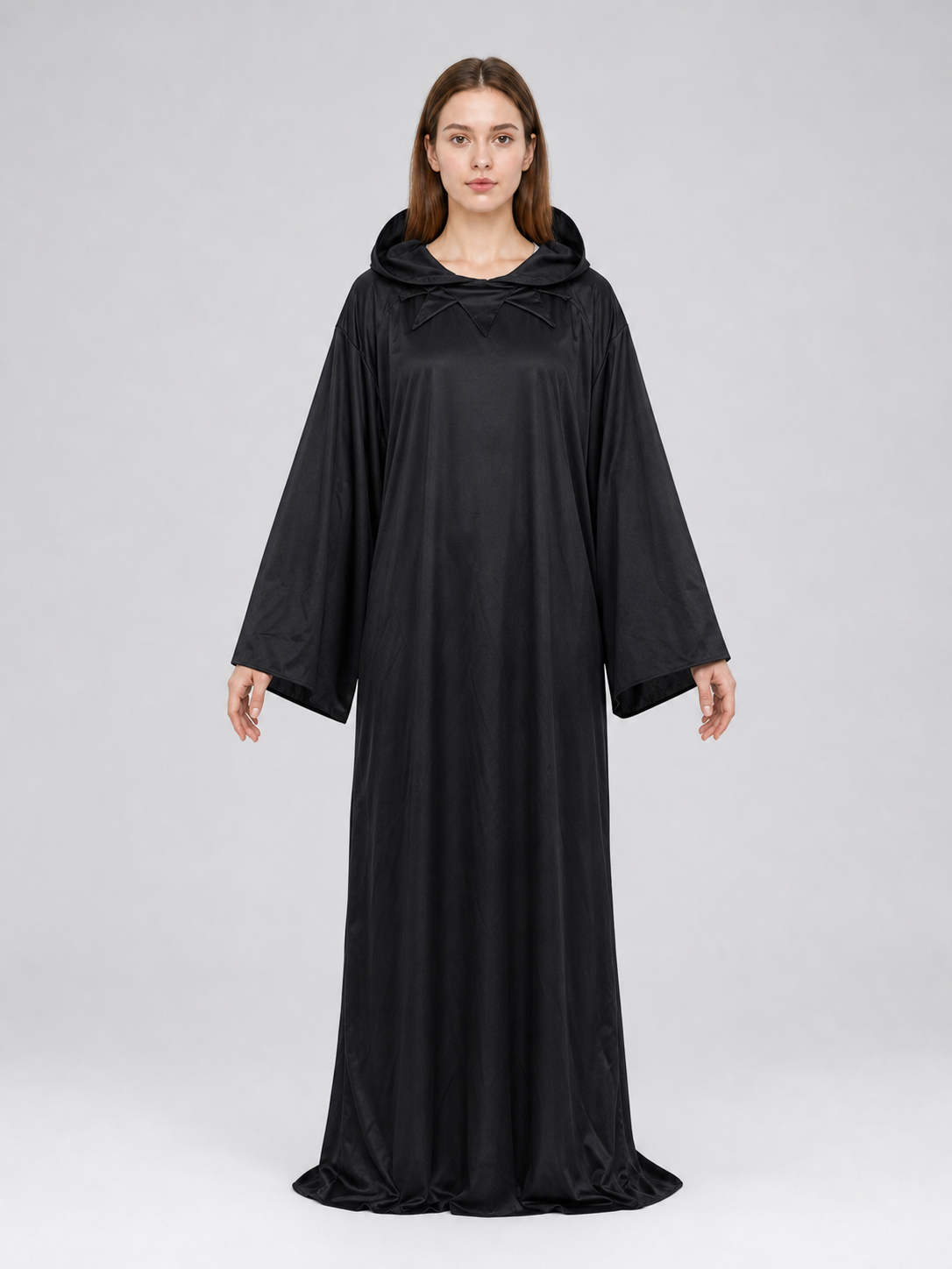 Dark fantasy costume with hood and axe front view