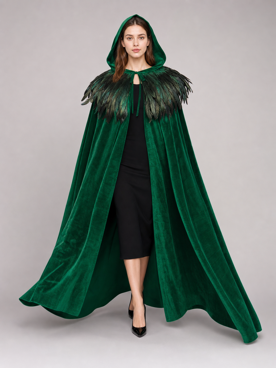 Green Hooded Velvet Feather Cape