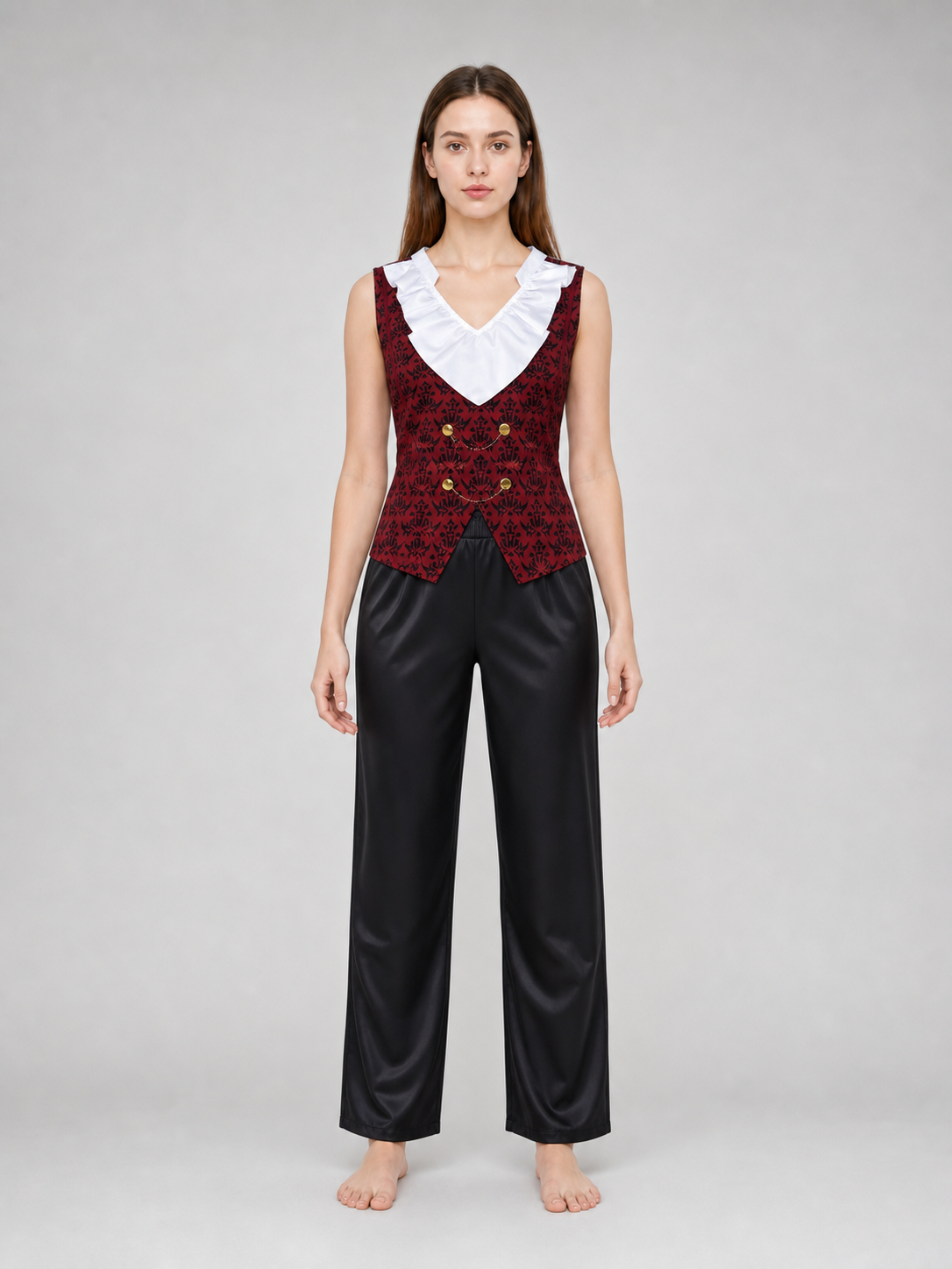 Cosplay costume with cape, chain, and trim