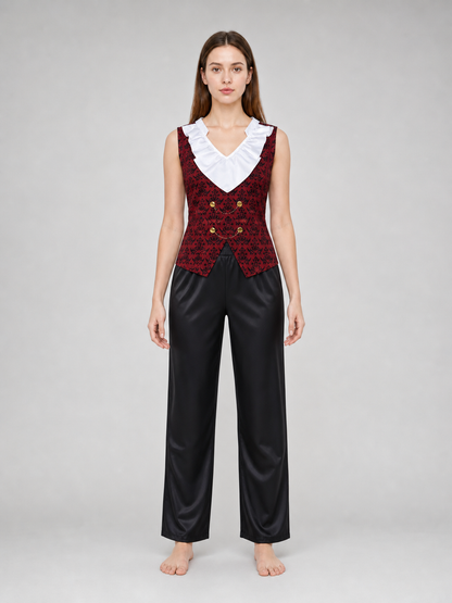 Cosplay costume with cape, chain, and trim