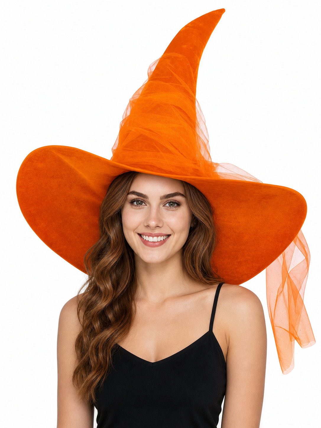 Orange Halloween Witch Hat, Tall Curved Pointed Crown, Wide Floppy Brim, Sheer Mesh Draping, Costume Accessory for Parties