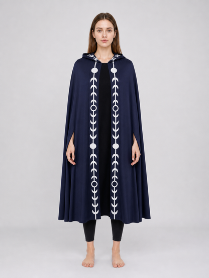 Navy Blue Hooded Cape with White Pattern