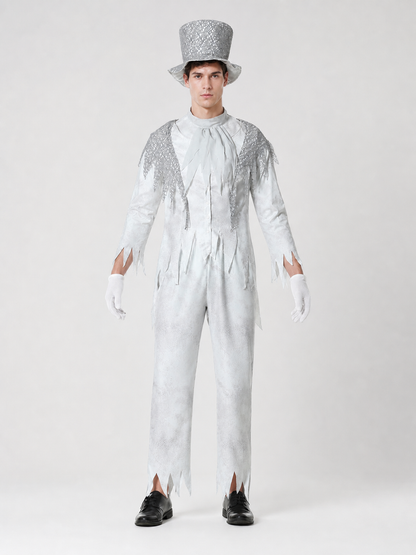 Theatrical Ghost Costume with Top Hat and Gloves