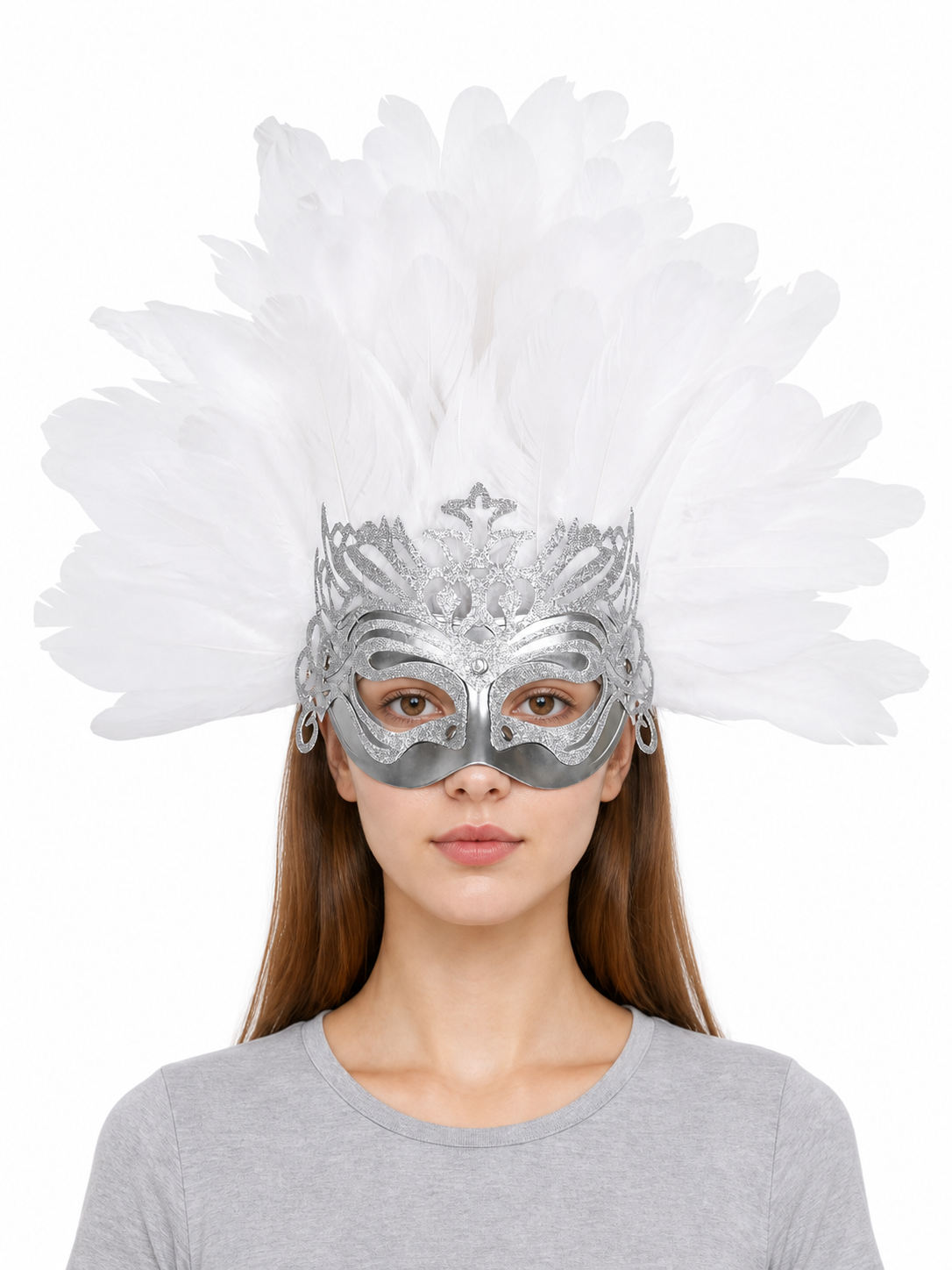 White feather silver masquerade mask product view 18