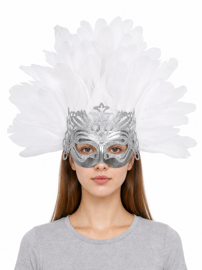 White feather silver masquerade mask product view 18