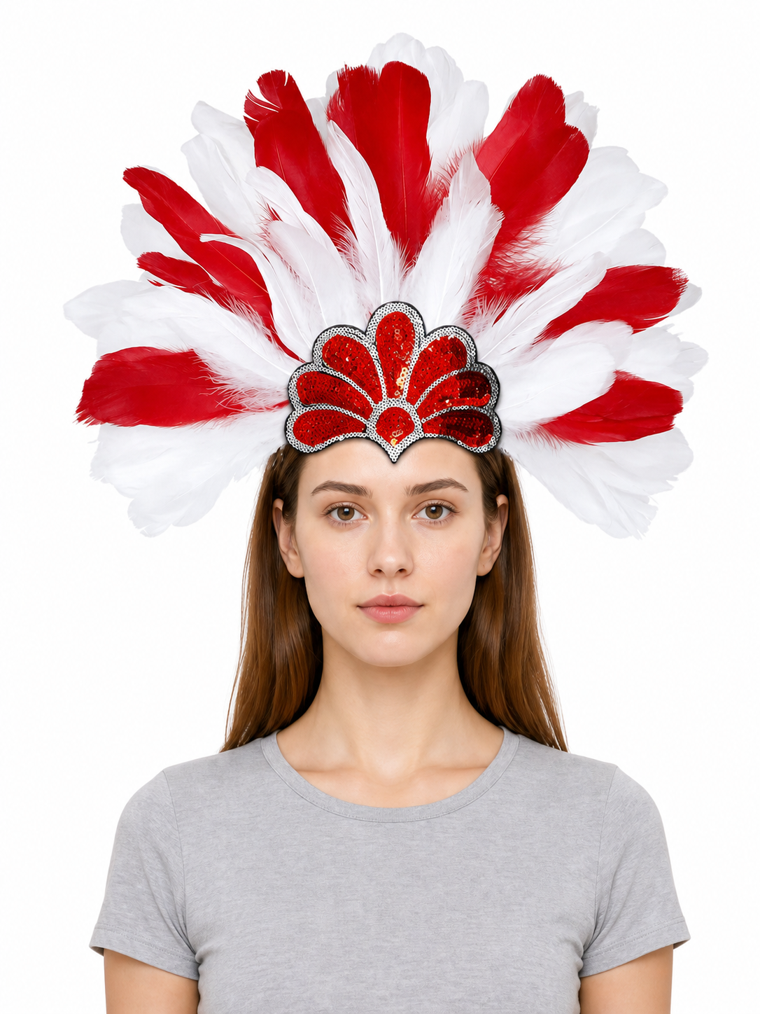 Carnival headpiece with red and white feathers