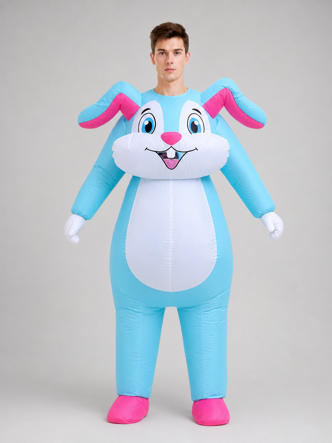 Full-body rabbit costume in a cartoon character style for Easter celebrations, costume parties, and performances. The look is done in light blue and white, with a white muzzle and oval belly patch accented by bright pink inner ears, nose, a