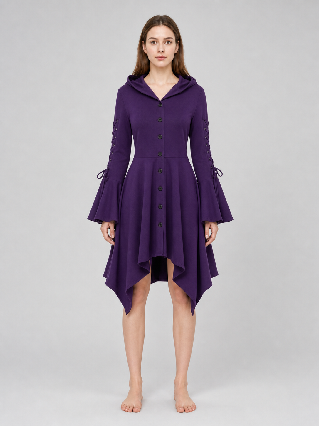 Gothic Hooded Dress with Flare and Asymmetry