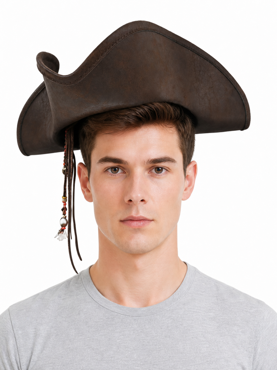 Dark Brown Tricorn Pirate Hat, Three-Cornered Structured Crown with Broad Curved Upturned Brim and Stitched Edging for Cosplay Costumes, Theatrical Performances and Fantasy Events
