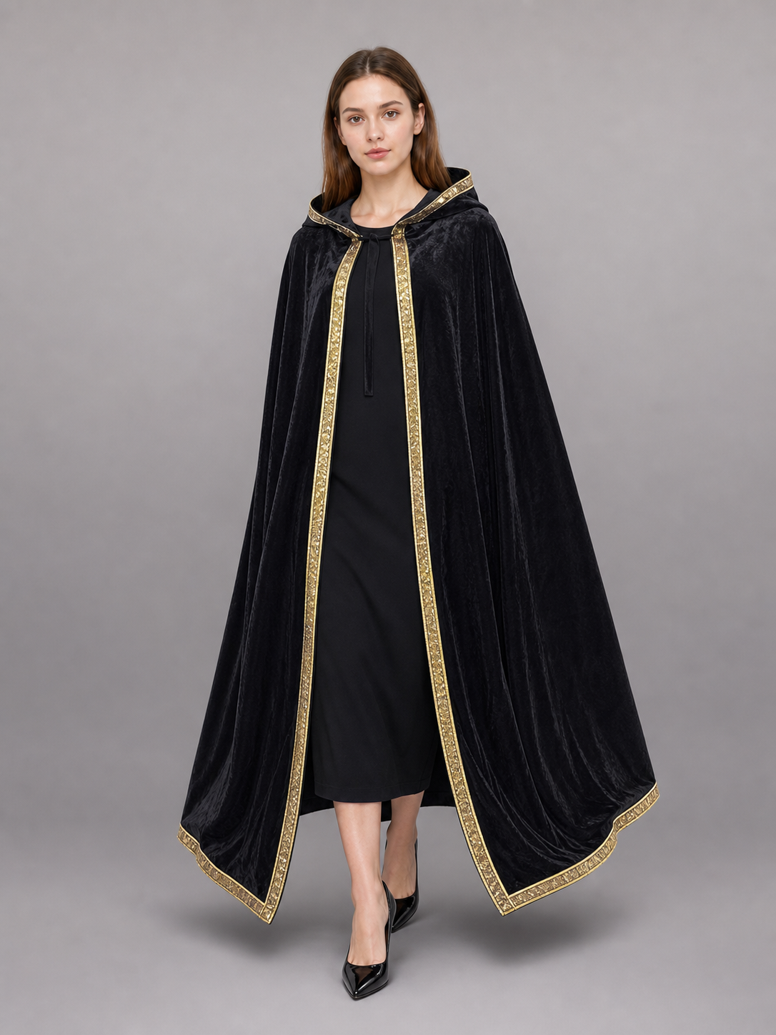 Black Carnival Cloak with Hood, Velvet Texture
