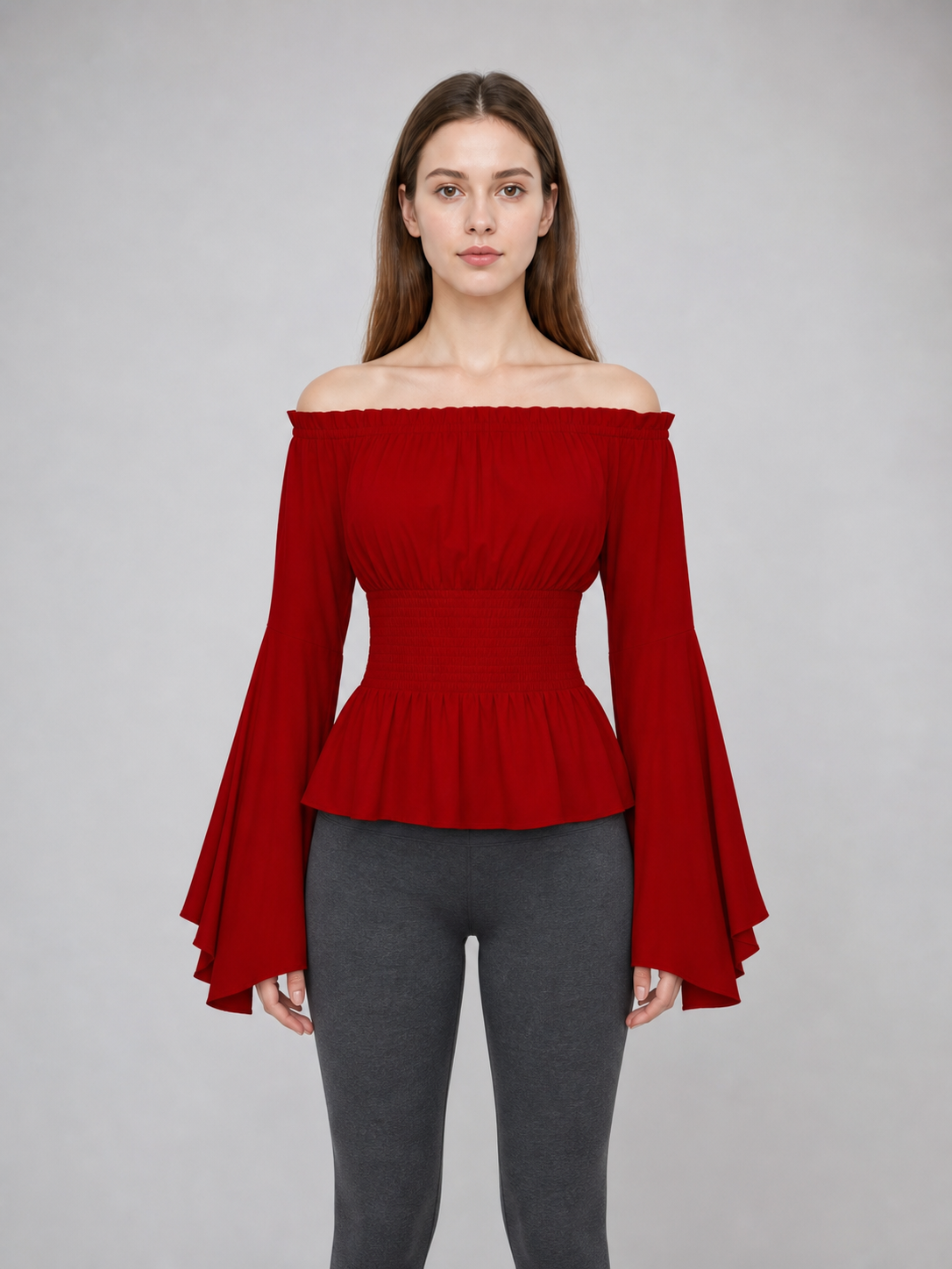 Long-Sleeve Peplum Blouse, Deep Red