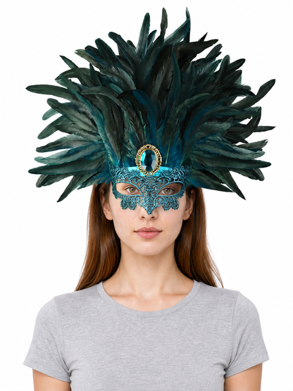 Carnival headpiece with feathers and a mask
