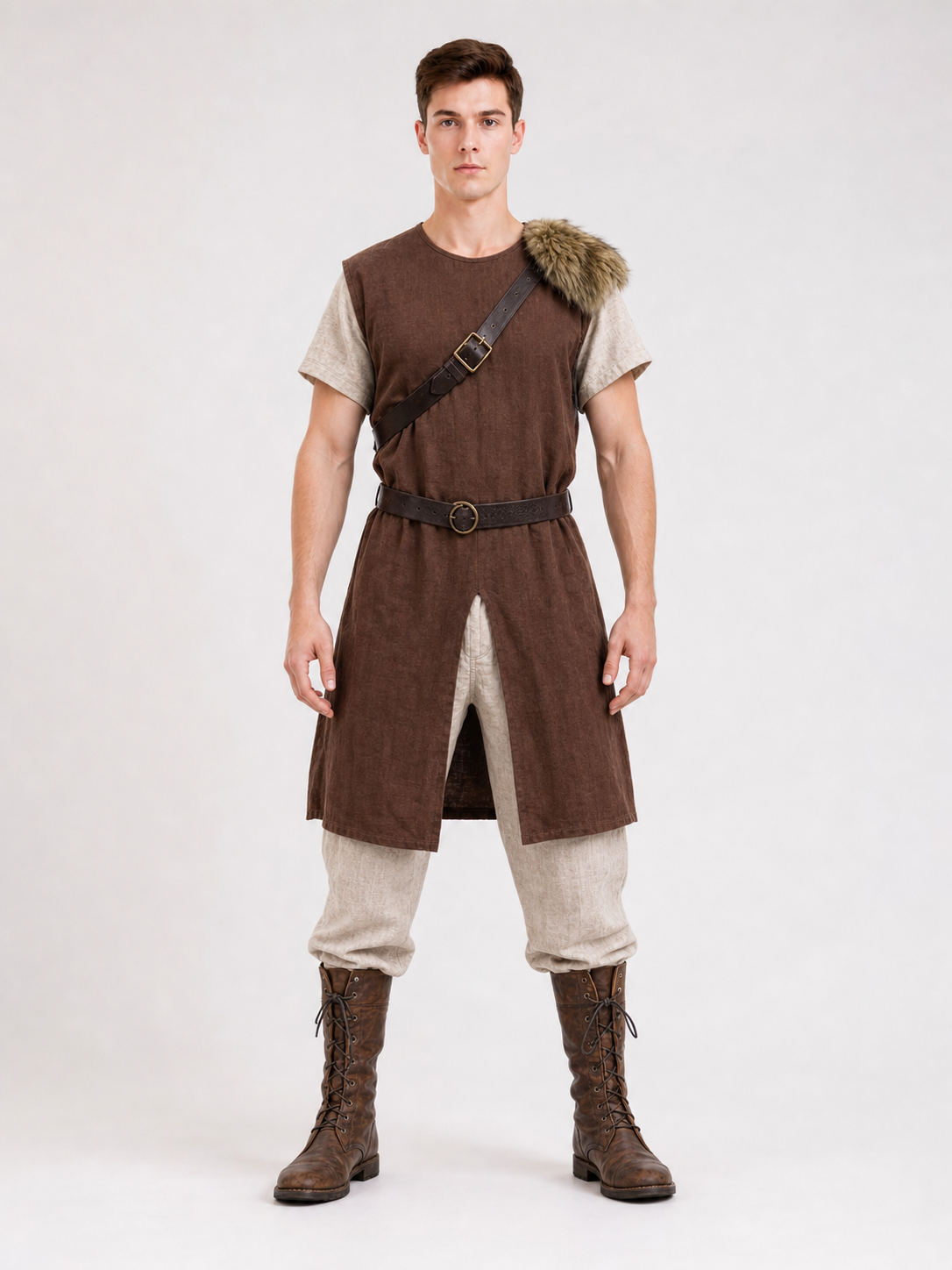 Front view of a brown sleeveless tunic with a long split hem, fur shoulder trim, dark belt and cross-body strap