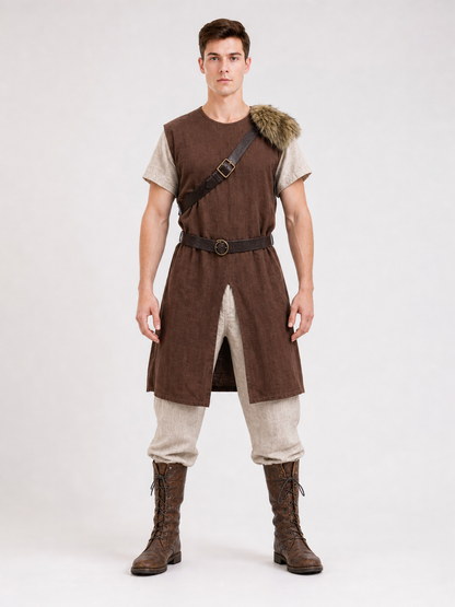 Front view of a brown sleeveless tunic with a long split hem, fur shoulder trim, dark belt and cross-body strap