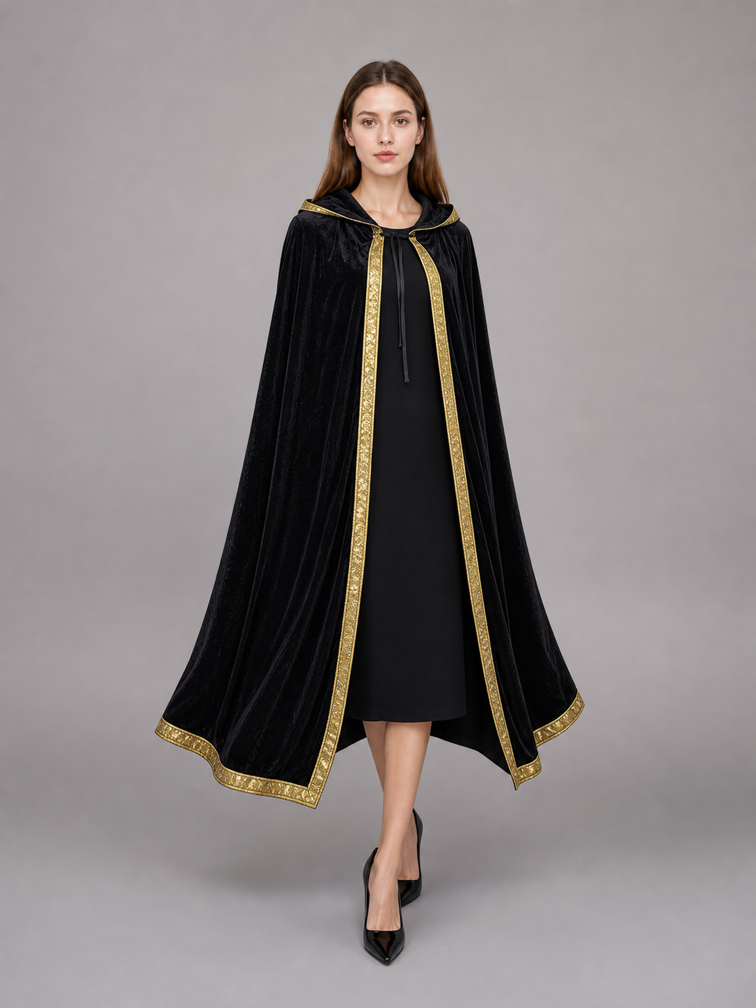 Black Carnival Cloak with Hood and Gold Trim