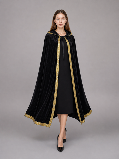 Black Carnival Cloak with Hood and Gold Trim
