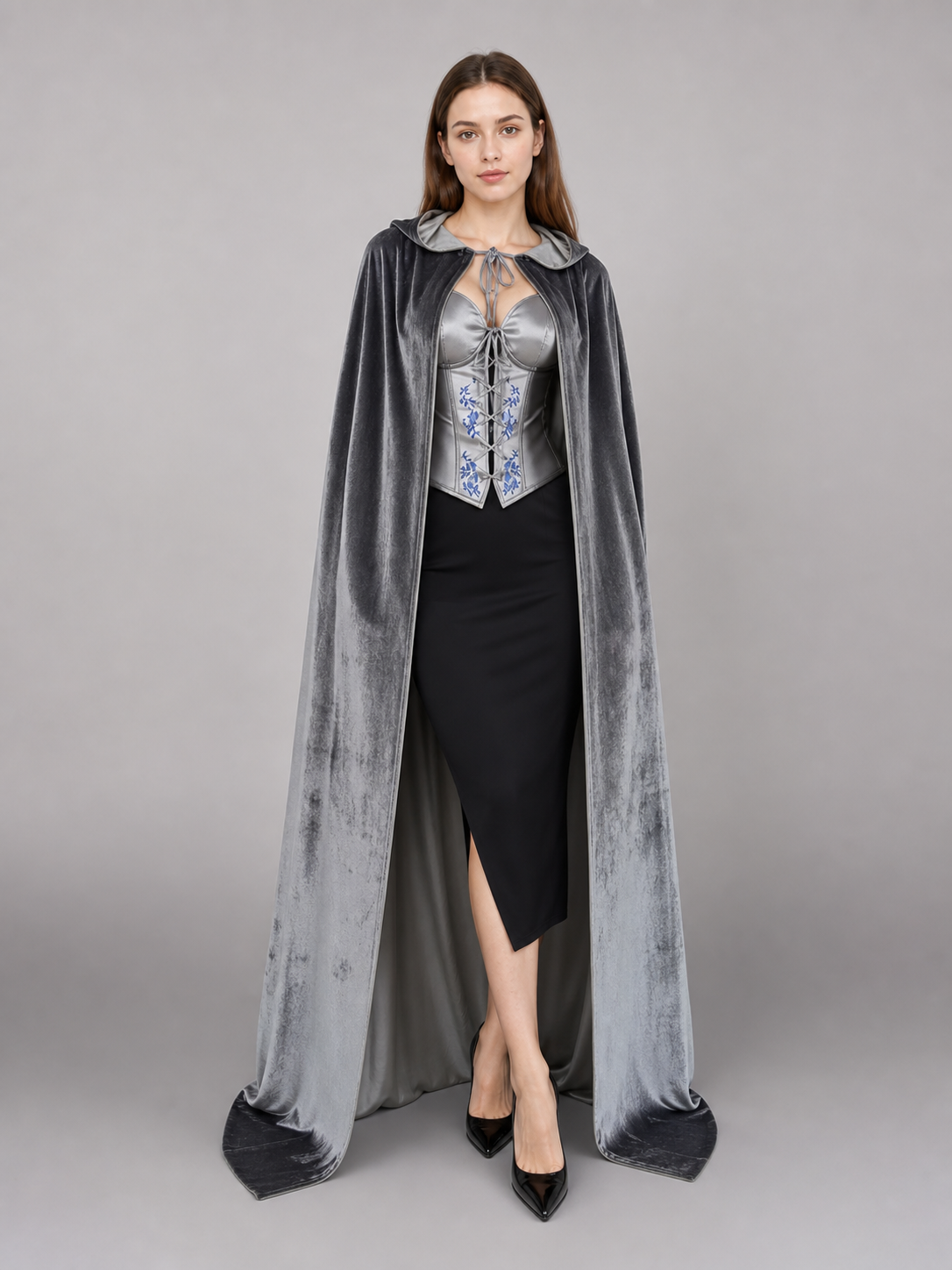 Gray Hooded Long Costume Cape