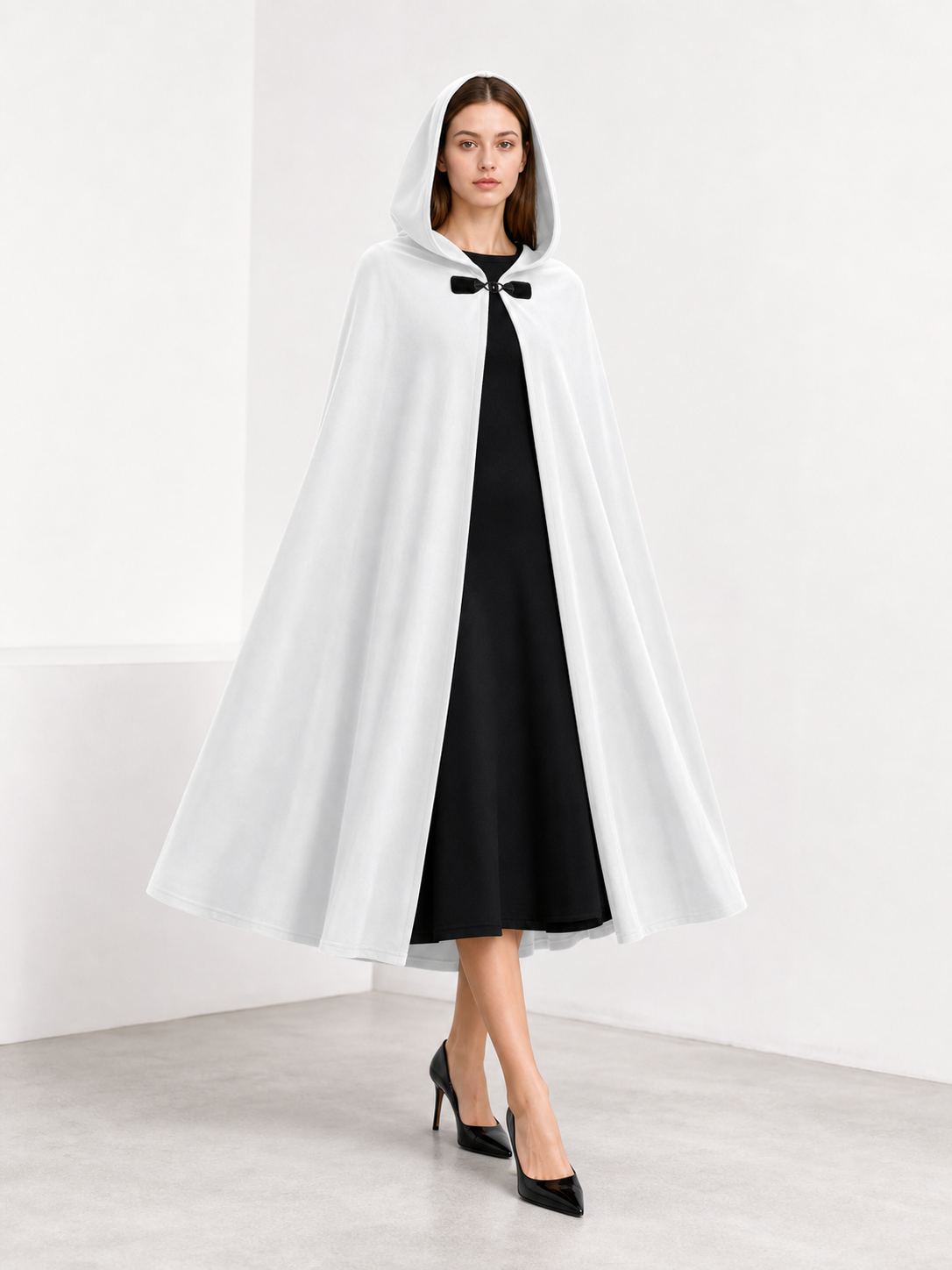 Full-Length White Hooded Cape with Oversized Hood and Black Bow Closure for Fantasy Medieval Cosplay and Stage Performances