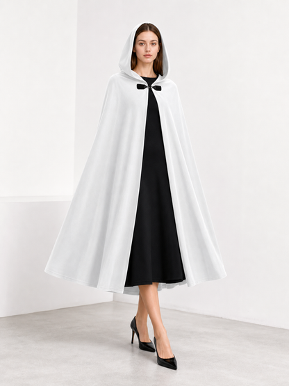 Full-Length White Hooded Cape with Oversized Hood and Black Bow Closure for Fantasy Medieval Cosplay and Stage Performances
