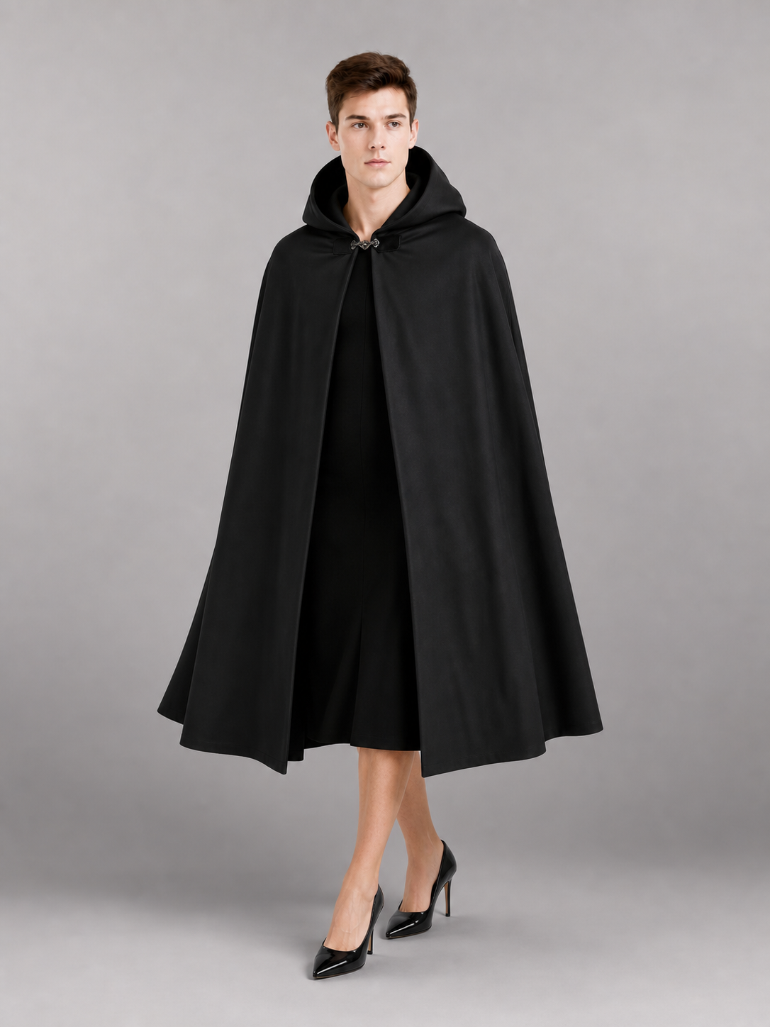 Long black hooded carnival cloak