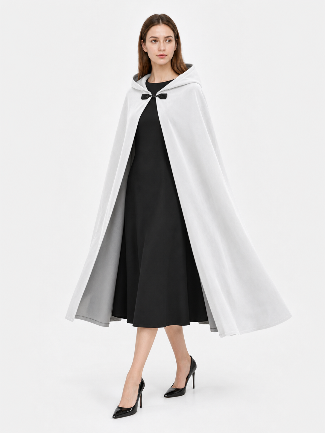 Medieval White Velvet Hooded Long Cloak Cape with Black Bow Tie Front Flared Hem front view