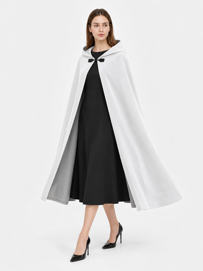 Medieval White Velvet Hooded Long Cloak Cape with Black Bow Tie Front Flared Hem front view