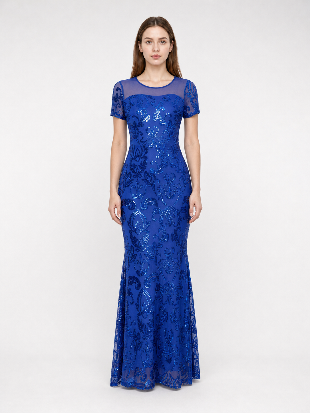 Blue evening dress with floral pattern and sequins