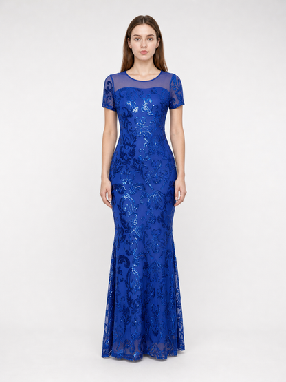 Blue evening dress with floral pattern and sequins