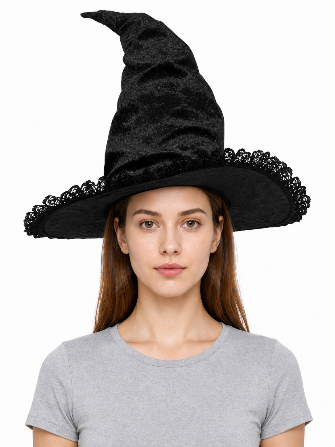 Black Halloween Witch Hat with Tall Crooked Pointed Crown, Wide Brim, Ruched Textured Velvet-Like Fabric and Lace Trim Gothic Costume Accessory for Cosplay Party Photo Shoot