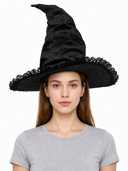 Black Halloween Witch Hat with Tall Crooked Pointed Crown, Wide Brim, Ruched Textured Velvet-Like Fabric and Lace Trim Gothic Costume Accessory for Cosplay Party Photo Shoot