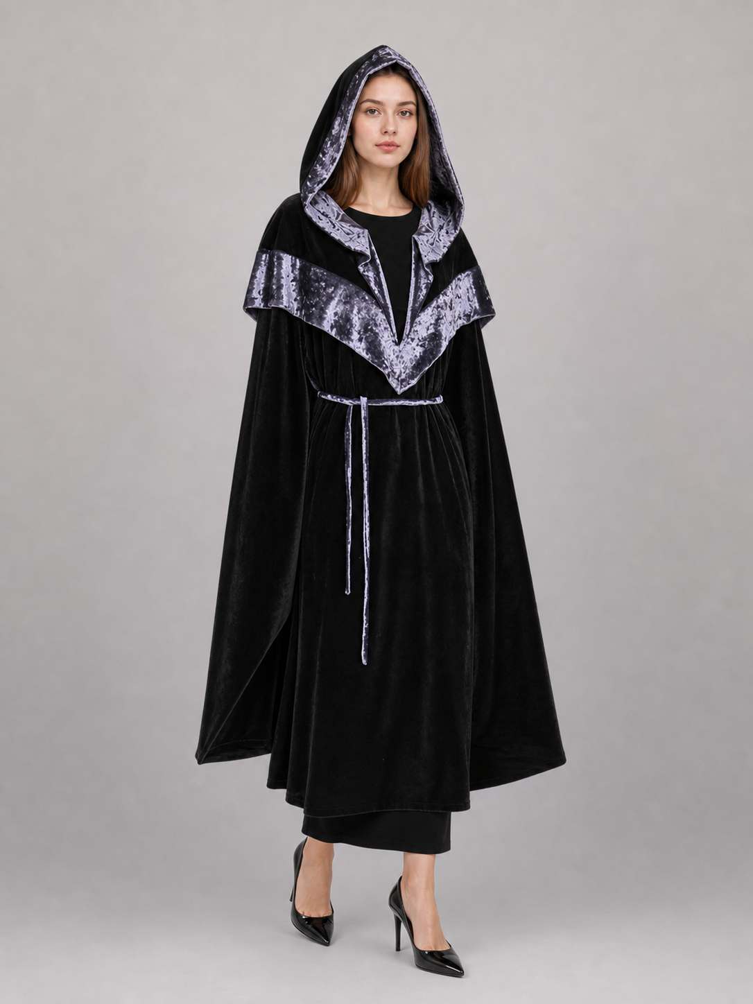 Black Carnival Cloak with Hood and Trim
