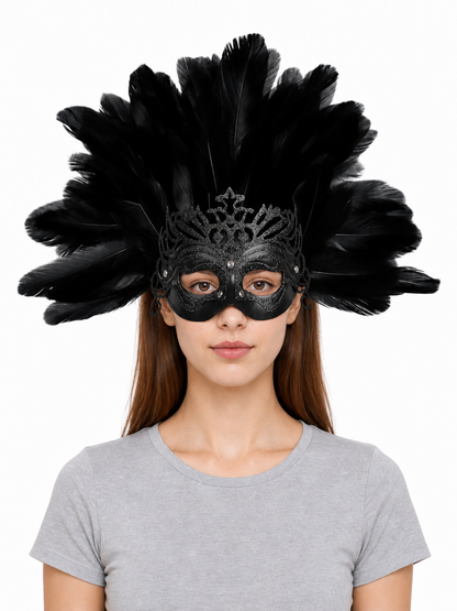 Carnival headpiece with black feathers and a mask