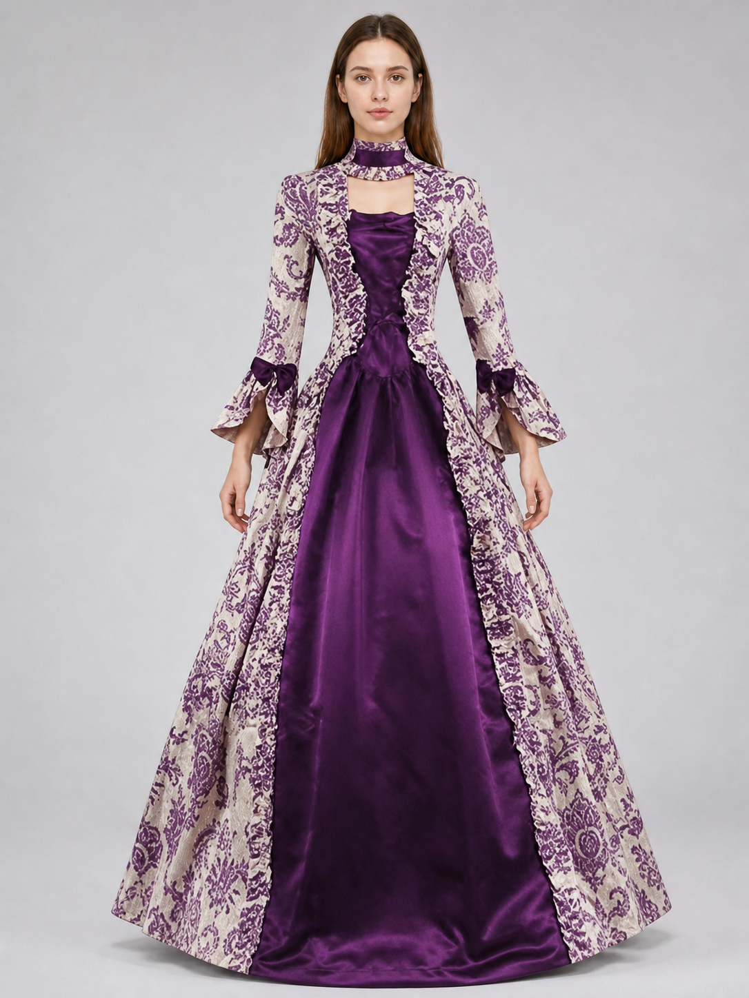 Long-Sleeve Evening Dress with Patterned Bodice