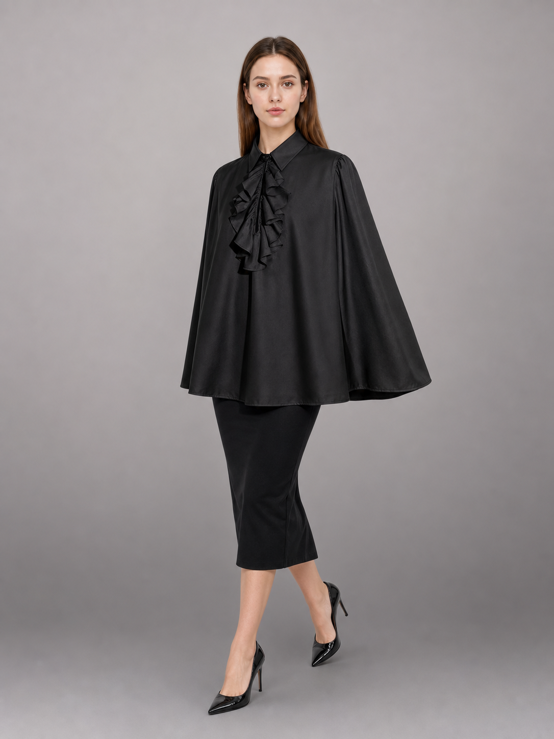 Black blouse with a high collar and ruffle