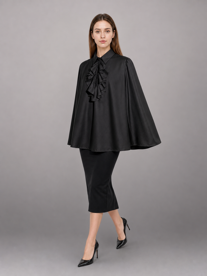 Black blouse with a high collar and ruffle