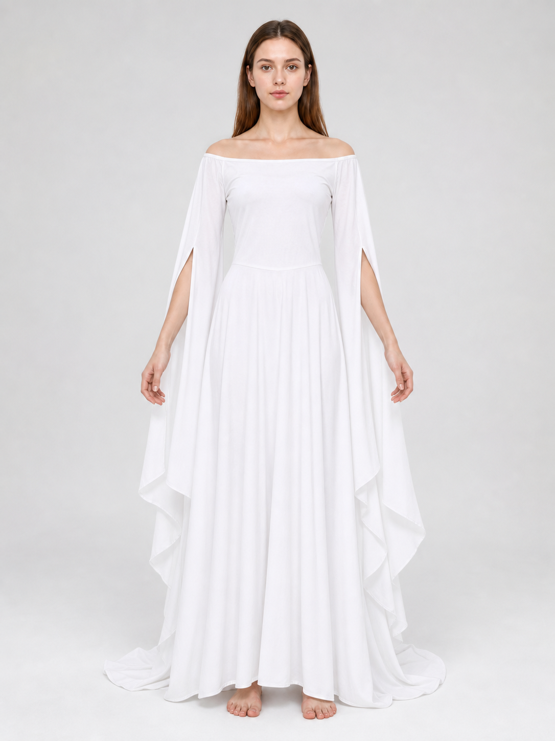 White Dress with a Square Neckline and Wide Sleeves