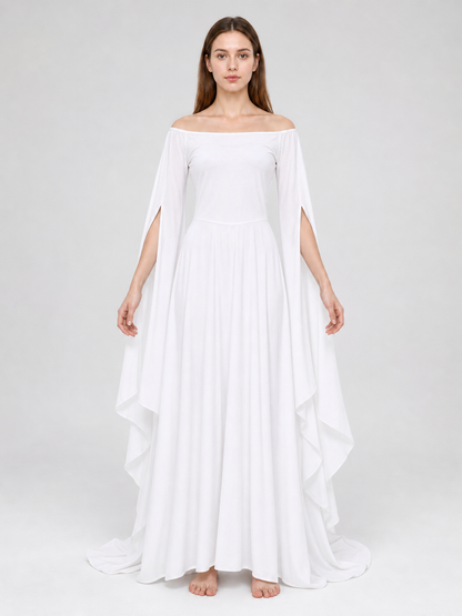 White Dress with a Square Neckline and Wide Sleeves