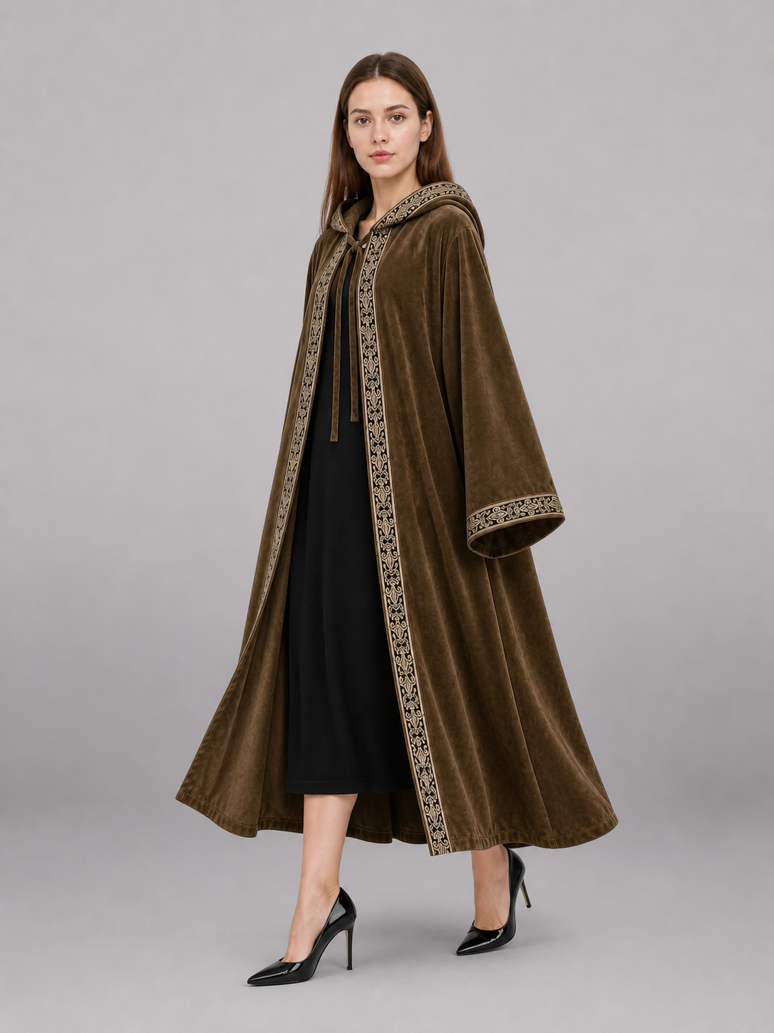 Long Hooded Robe, Brown, Loose Fit front view