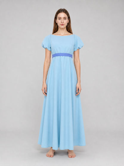 Peter Pan cosplay dress in light blue with contrasting purple-blue details. This style features a round neckline, short sleeves, and a long silhouette with a fitted upper body and a flared A-line skirt. The waist has contrasting ties that a