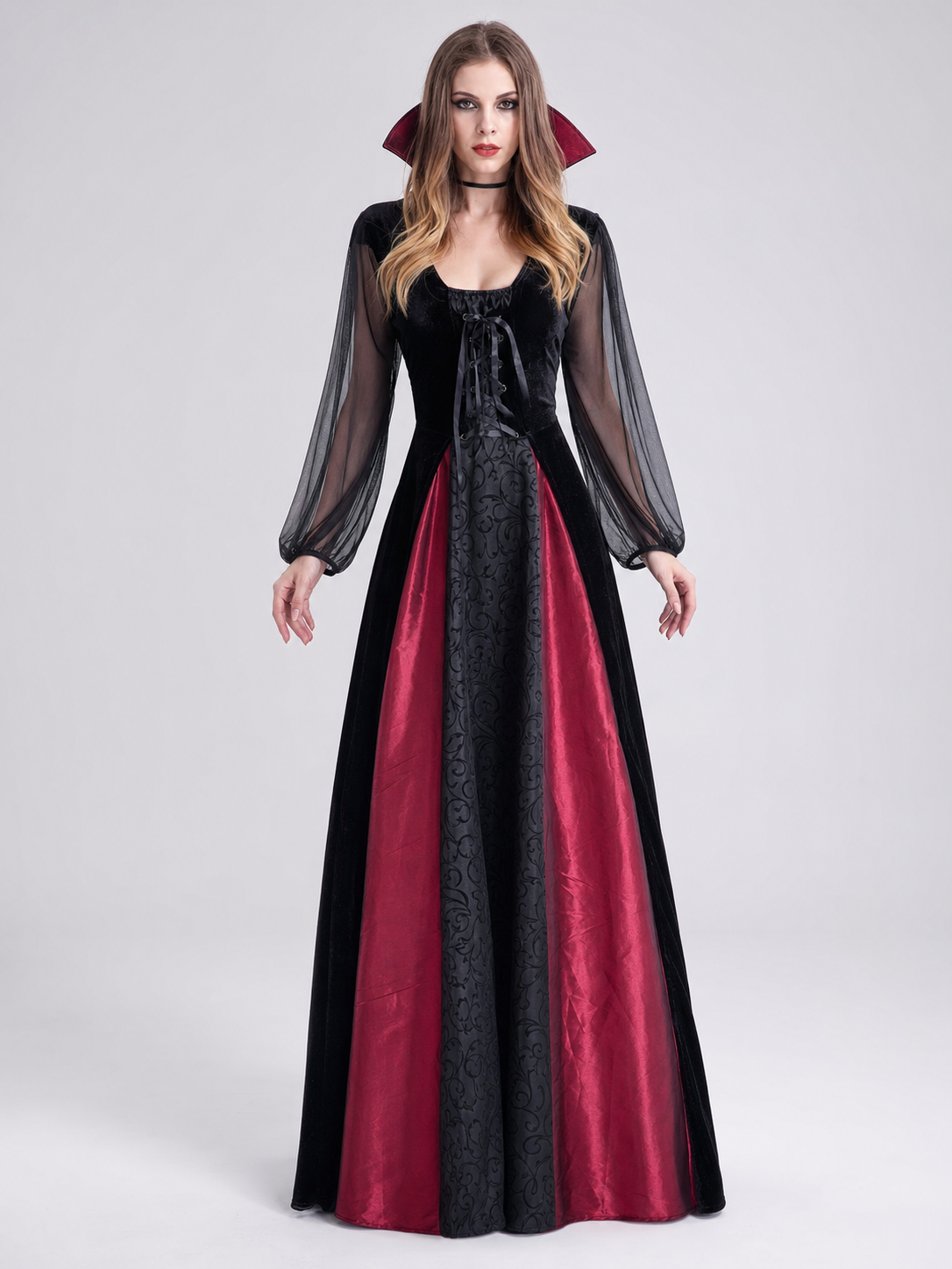 Gothic Halloween Costume Dress with Collar front view