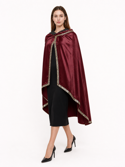 Burgundy velvet-look hooded costume cape product view 24