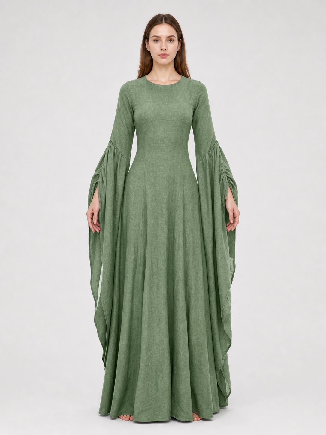 Long Green Retro-Style Belted Dress