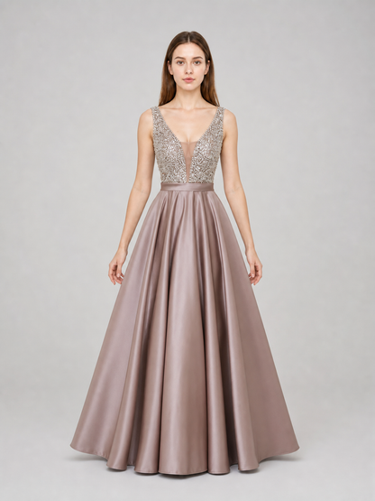 Sleeveless Evening Dress with Embellishment and V-Neckline