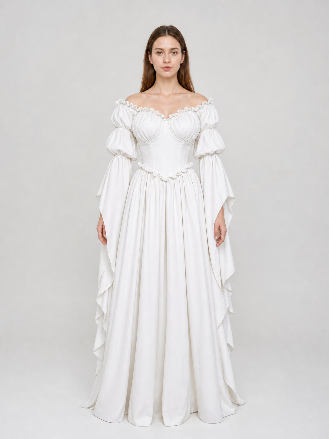 White vintage-style dress with puff sleeves