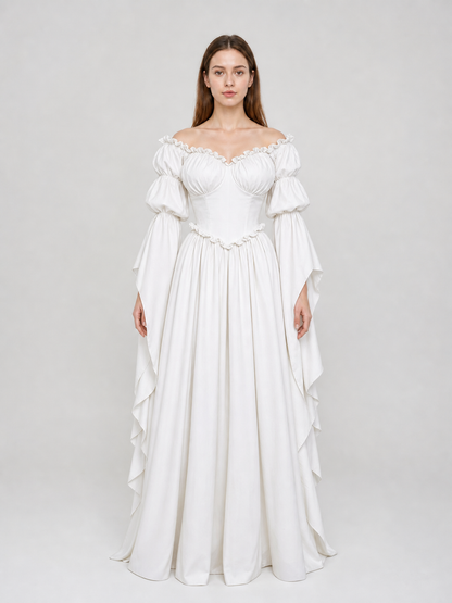 White vintage-style dress with puff sleeves