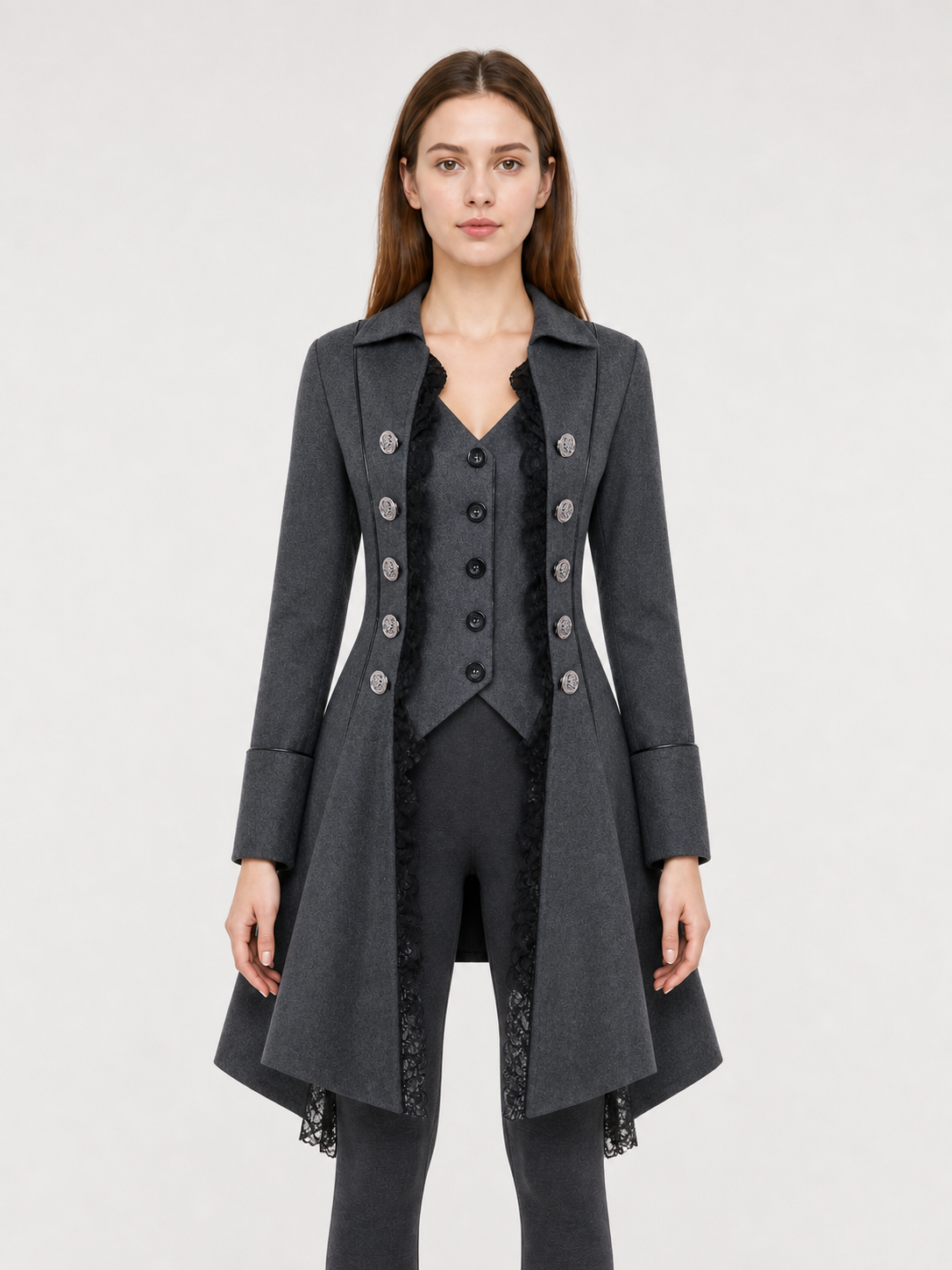 Long Gothic-Style Coat with Lace Trim